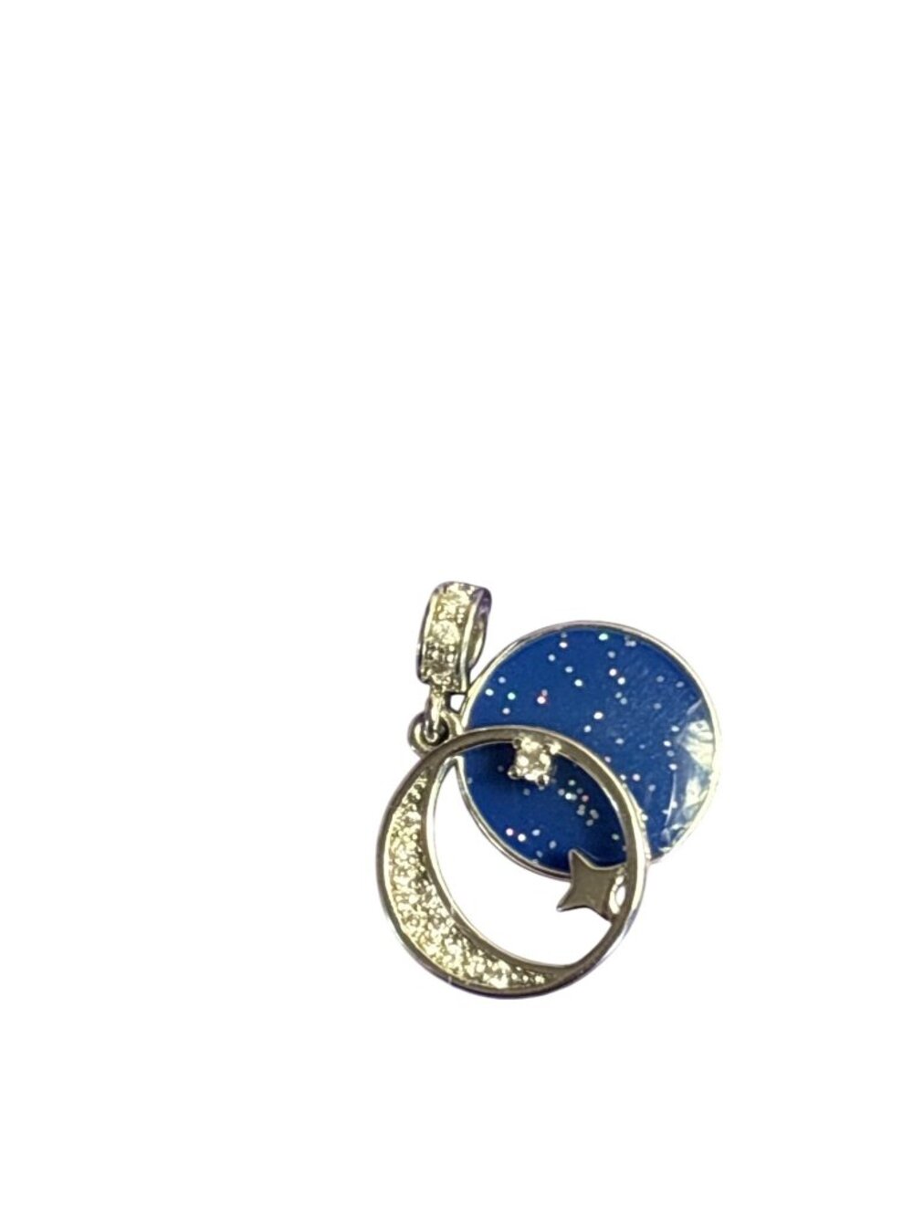 Layered Celestial Bead Charm Pendant Crescent Moon Star Blue Enamel Glitter